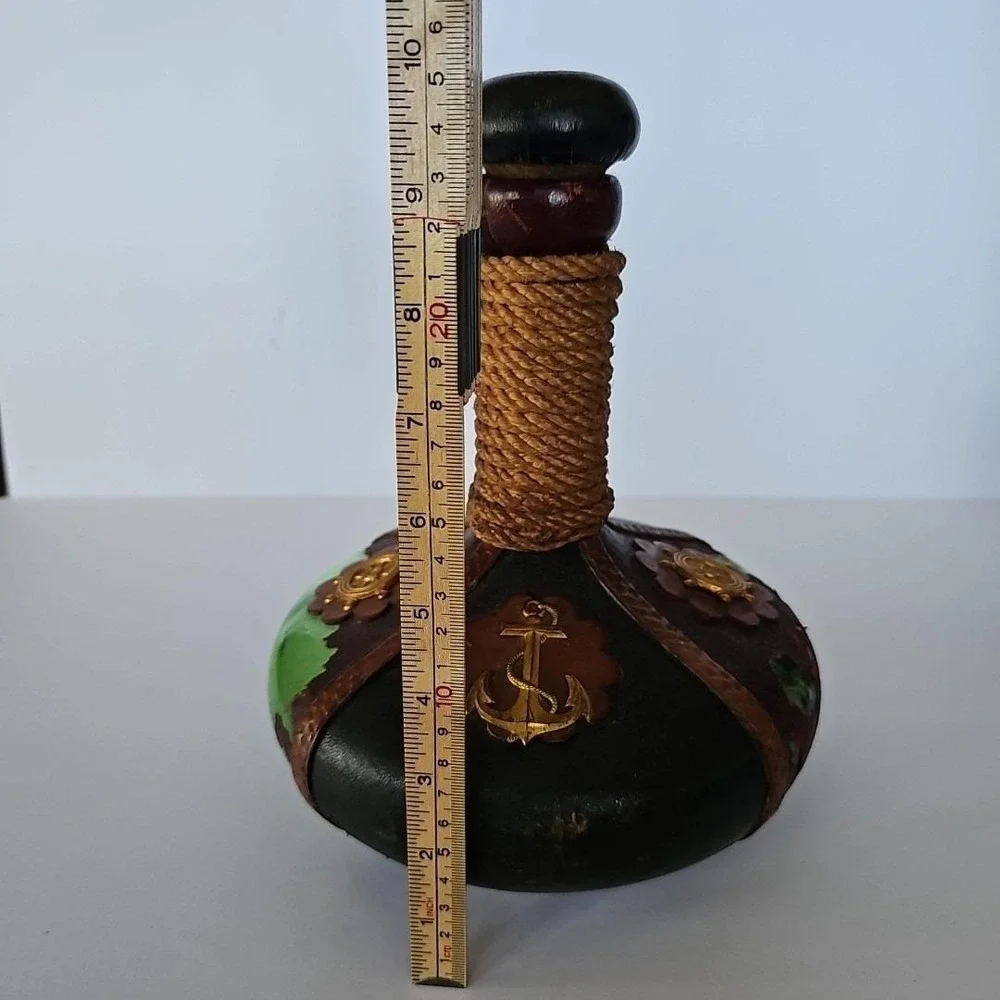 Vintage Italian Leather Wrapped Glass Decanter Nautical Anchor Ship‎ Wheel Decor